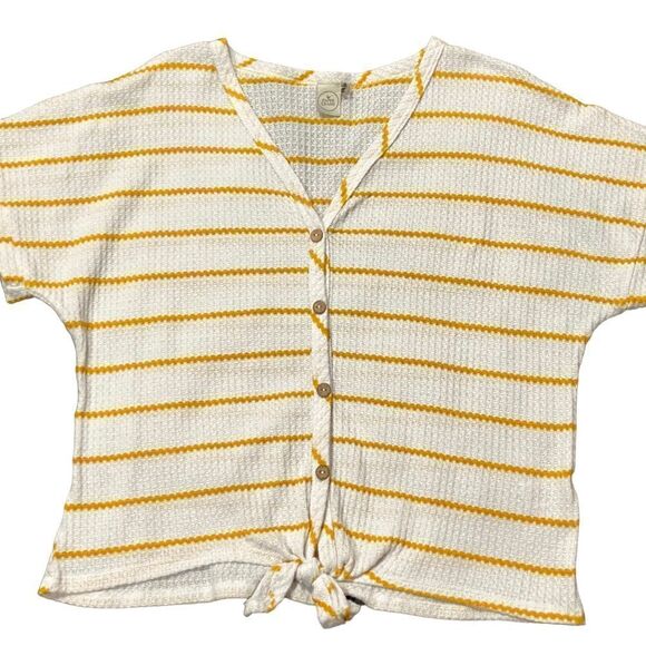 Paper Crane Short Sleeve Tie Front Stripe Waffle Knit Top - Picture 1 of 8